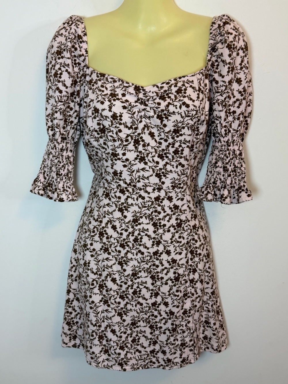 Mi Ami Brown Floral A-Line Pink Linen Mini Dress